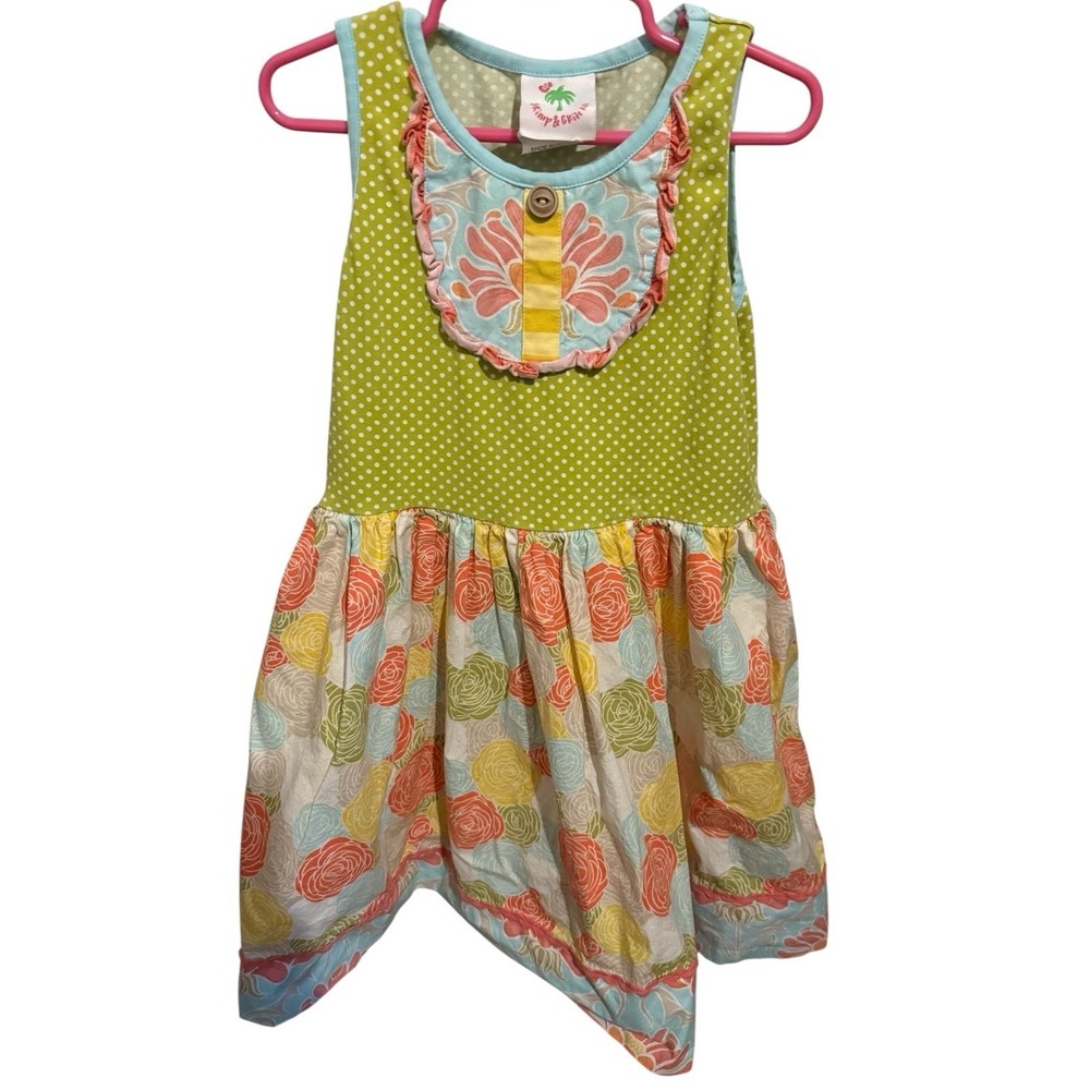 Boutique Shrimp & Grits Floral Poka Dot Smocked Dress Green Size 7-8
